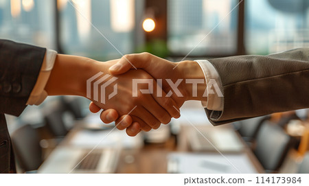 Two people shaking hands in a business setting 114173984