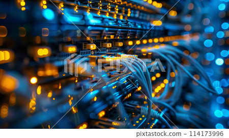 A computer network with many wires and cables 114173996