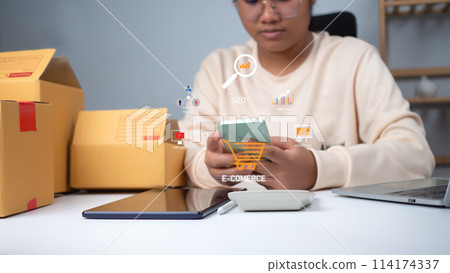 Business woman Search On Virtual Screen Data Search Technology Search Engine Optimization, She use search engine to Searching for information, Using web Console for data, SEO. 114174337