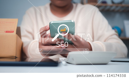 Business woman Search On Virtual Screen Data Search Technology Search Engine Optimization, She use search engine to Searching for information, Using web Console for data, SEO. 114174338