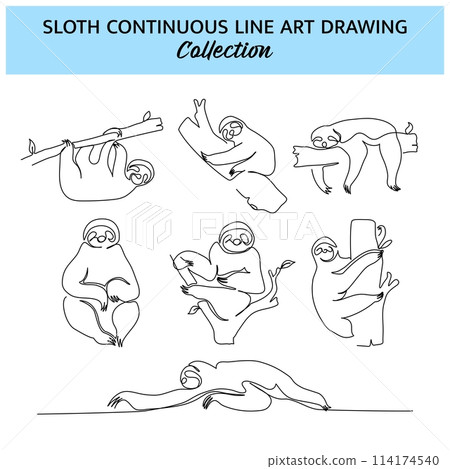 Set of sloth line design. Simple animal silhouette decorative elements drawn with one continuous line. Vector illustration of minimalist style on white background. Set of sloth line design. Simple animal silhouette decorative elements drawn with one continuous line. Vector illustration of minimalist style on white background. 114174540