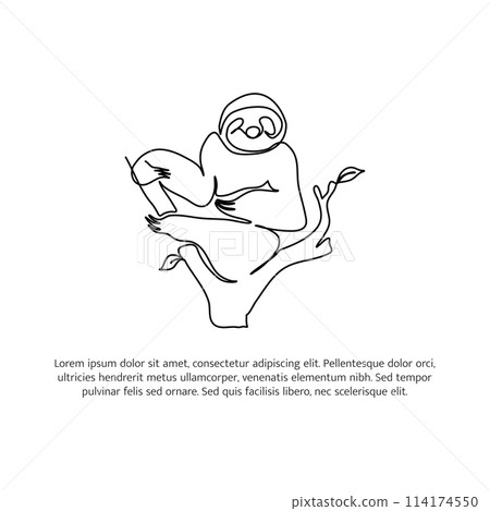Sloth line design. Simple animal silhouette decorative elements drawn with one continuous line. Vector illustration of minimalist style on white background. 114174550