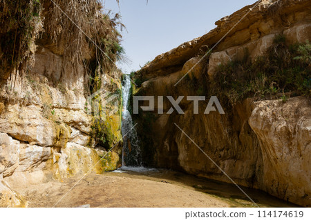 There is waterfall surrounded by poor vegetation among light stone rocks in Tamerza oasis, Tunisia There is waterfall surrounded by poor vegetation among light stone rocks in Tamerza oasis, Tunisia 114174619