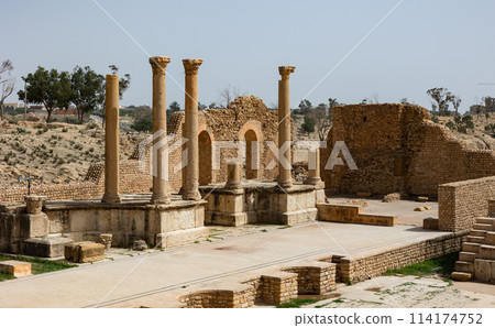 Remains of ancient Roman theatre of Sufetula on sunny day Remains of ancient Roman theatre of Sufetula on sunny day 114174752