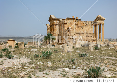 Ruins of Capitoline Temples in antique forum of Sbeitla, Tunisia Ruins of Capitoline Temples in antique forum of Sbeitla, Tunisia 114174821