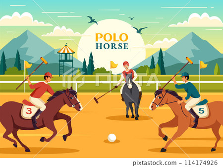 Polo Horse Sports Vector Illustration with Player Riding Horse and Holding Stick use Equipment Set to Competition in Flat Cartoon Background 114174926