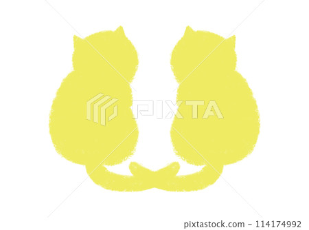 兩隻貓坐著回頭看的剪影,黃色 兩隻貓坐著回頭看的剪影,黃色 114174992