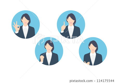 OK sign, fist pump, pointing, female business person making a proposal, icon style 114175544