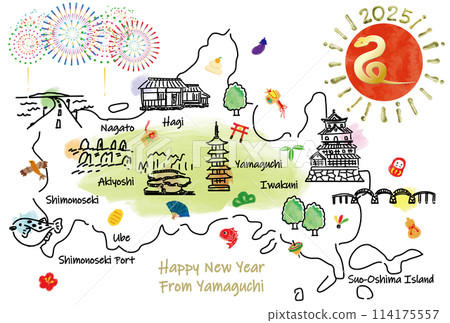 Illustrated map of tourist spots in Yamaguchi Prefecture New Year's card 2025 114175557