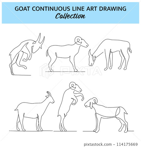 Set of goat line design. Simple animal silhouette decorative elements drawn with one continuous line. Vector illustration of minimalist style on white background. Set of goat line design. Simple animal silhouette decorative elements drawn with one continuous line. Vector illustration of minimalist style on white background. 114175669