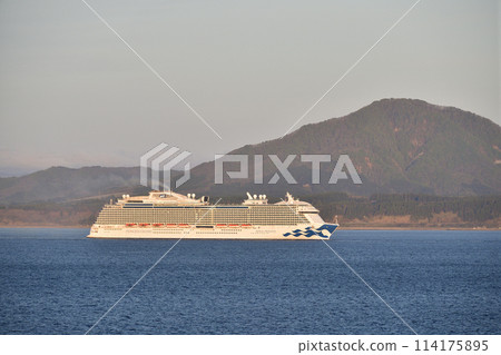 拍攝春天北海道函館市函館灣航行的皇家公主號遊輪的景色。 114175895