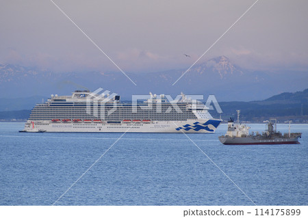 Photographing the cruise ship Royal Princess sailing through Hakodate Bay in Hakodate, Hokkaido in spring Photographing the cruise ship Royal Princess sailing through Hakodate Bay in Hakodate, Hokkaido in spring 114175899