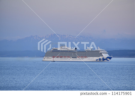 Photographing the cruise ship Royal Princess sailing through Hakodate Bay in Hakodate, Hokkaido in spring 114175901