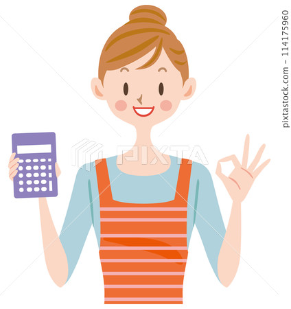 A housewife holding a calculator and giving an OK sign A housewife holding a calculator and giving an OK sign 114175960