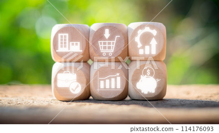 Capital expenditure concept, Wooden block on desk with capital expenditure icon on virtual screen. 114176093