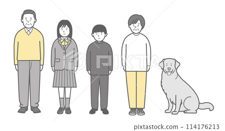 Full-body illustration of a family of five - parents, students, and a dog 2 Full-body illustration of a family of five - parents, students, and a dog 2 114176213