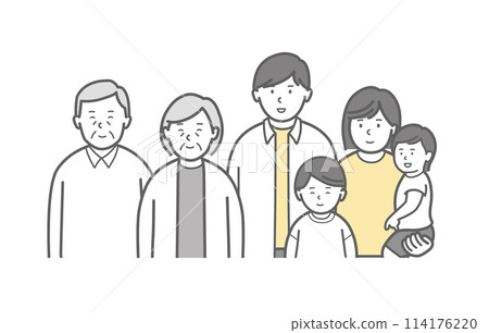 Upper body illustration of a two-generation family with a smiling small child and a dog 114176220