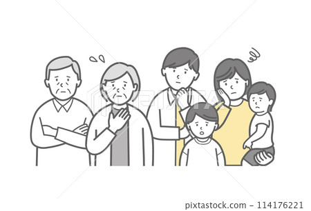 一個兩口之家的上半身插圖，有一個小孩和一隻臉上憂心忡忡的狗 114176221