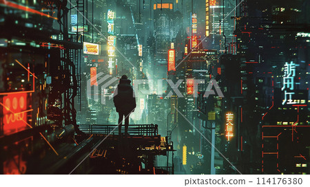 Downtown night view seen through the gap between skyscrapers AI image 114176380