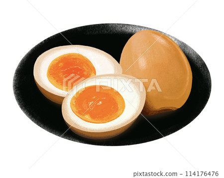 Boiled egg (1 egg and cross section) with plate 114176476