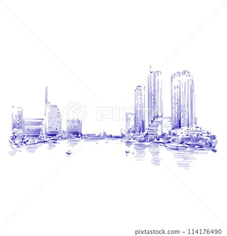 Drawing background in blue of Bangkok riverside cityscape Drawing background in blue of Bangkok riverside cityscape 114176490