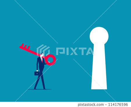 Investor hokding key and walking to unlock keyhole to reach tar get. Goal achievement vector concept 114176596
