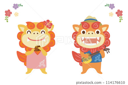 Shisa 在沖繩 sanshin 和 sanban 上玩/向量插圖 114176610