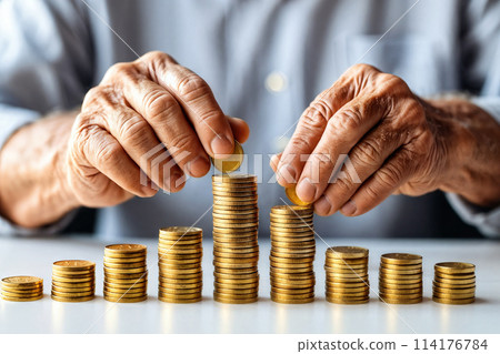 Special photo of the origin of elderly people carrying coins and the concept of elderly investment management and savings planning. 114176784