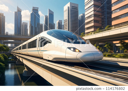 A maglev train shuttles between high-rise buildings in a modern city A maglev train shuttles between high-rise buildings in a modern city 114176802