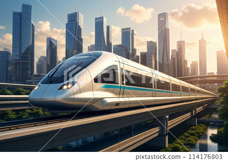 一列磁懸浮列車穿梭於現代都市高樓間 114176803