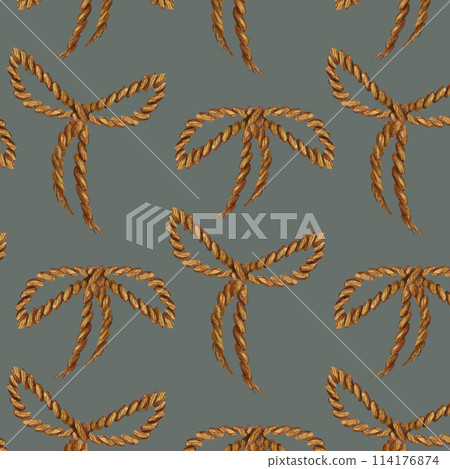 Seamless pattern of brown rope with stripes and bows from an old vintage postal writing set. Watercolor illustration for a themed template for Book Day, post office, nautical knots, antique store 114176874