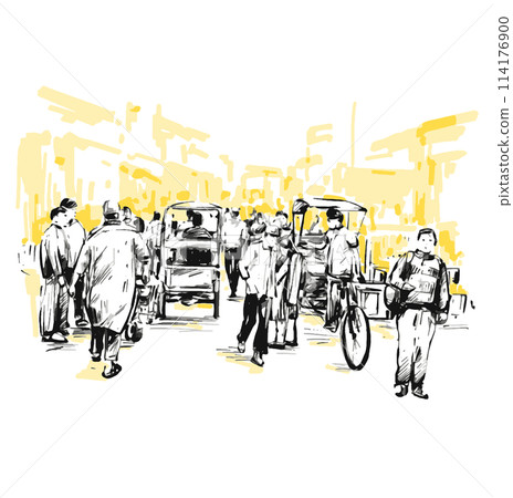 Drawing of people walking at local market in India yellow background  114176900