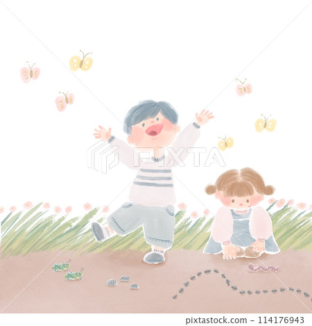 A warm hand-drawn illustration of children playing with insects 114176943