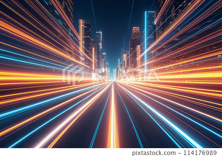 Neon colored light rails fly towards future urban buildings at high speed Neon colored light rails fly towards future urban buildings at high speed 114176989