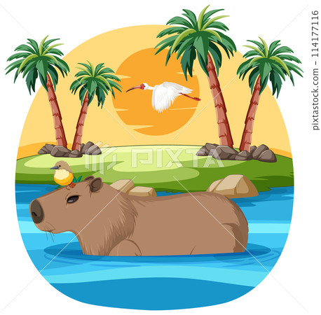 Tropical River Scene with Capybara and Bird 114177116