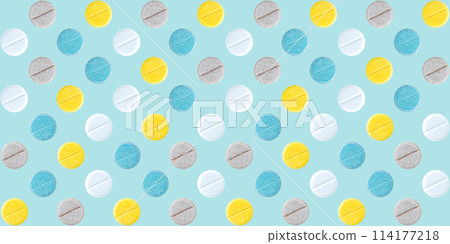 Seamless repetitive colorful round pills arrangement on soft blue background. Medical and health care concept. 114177218