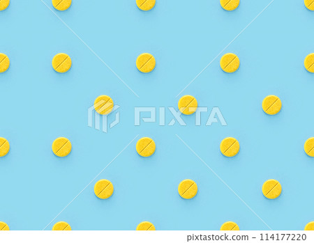 Seamless repetitive yellow pills arrangement on soft blue background. Medical pharmacy background Seamless repetitive yellow pills arrangement on soft blue background. Medical pharmacy background 114177220