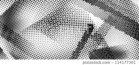 Distorted halftone grunge texture. Dotted rough dirty scratched background. Glitch punk textured wallpaper for banner, poster, flyer, print, overlay, brochure. Distress scuffed vector grunge backdrop 114177301