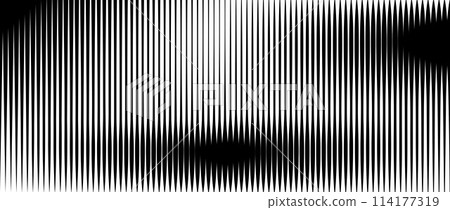 Line halftone gradient texture. Vibrating vertical gradation background. Repeated stripe pattern backdrop. Black parallel thin and thick stroke moire backdrop for overlay, print, cover. Vector 114177319