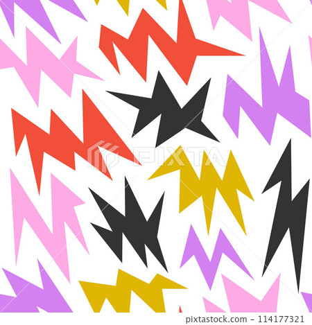 Colorful irregular spark and twinkle seamless pattern. Yellow, red, purple and black sharp shapes repeating background. Bright sharp edgy ornament wallpaper. Vector bright nursery repeated backdrop Colorful irregular spark and twinkle seamless pattern. Yellow, red, purple and black sharp shapes repeating background. Bright sharp edgy ornament wallpaper. Vector bright nursery repeated backdrop 114177321