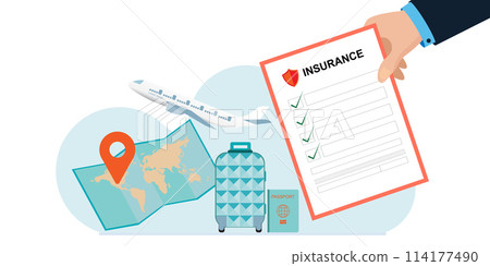 Hand holding Travel insurance form. 114177490