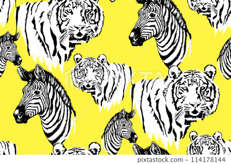 Seamless pattern of zebra and tiger. Suitable for fabric, mural, wrapping paper and the like. Vector illustration Seamless pattern of zebra and tiger. Suitable for fabric, mural, wrapping paper and the like. Vector illustration 114178144