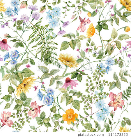 Beautiful summer floral seamless pattern with watercolor hand drawn flowers. Natural floral print. Stock illustration. Surface background and wallpaper design. 114178253