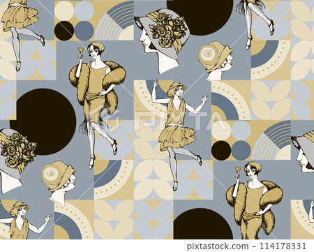 Seamless pattern inspired by Art Deco style. Vector illustration. Suitable for fabric, wrapping paper, mural, digital paper, wallpaper and the like Seamless pattern inspired by Art Deco style. Vector illustration. Suitable for fabric, wrapping paper, mural, digital paper, wallpaper and the like 114178331