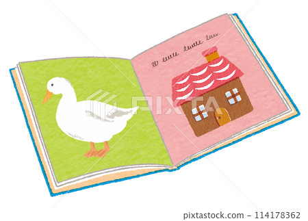 A cute picture book opened to a page with pictures of ducks and a house 114178362