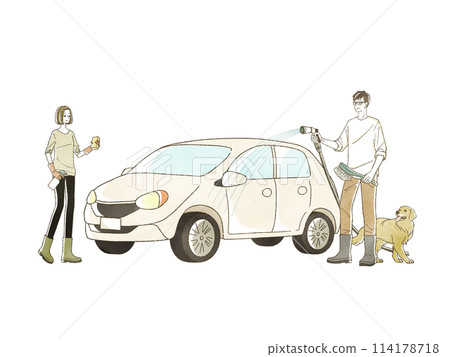 A man and a woman washing a car 114178718