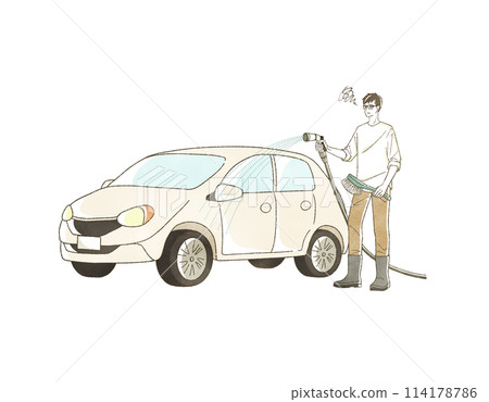 A man washing a car with a troubled expression 114178786