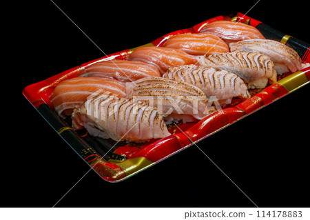 Salmon nigiri sushi sushi pack black sashimi Salmon nigiri sushi sushi pack black sashimi 114178883