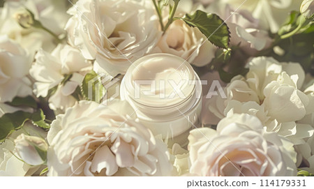 Cosmetic branding, toiletries and skincare concept. Face cream moisturizer jar on floral background, moisturizing skin care lotion and lifting emulsion, anti-age cosmetics for luxury beauty brand 114179331