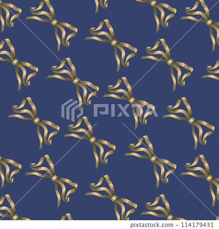 Seamless pattern of golden beige ribbon and bow from an old vintage writing set. Watercolor illustration for a template for Knowledge Day, Book Day, antique store. 114179431